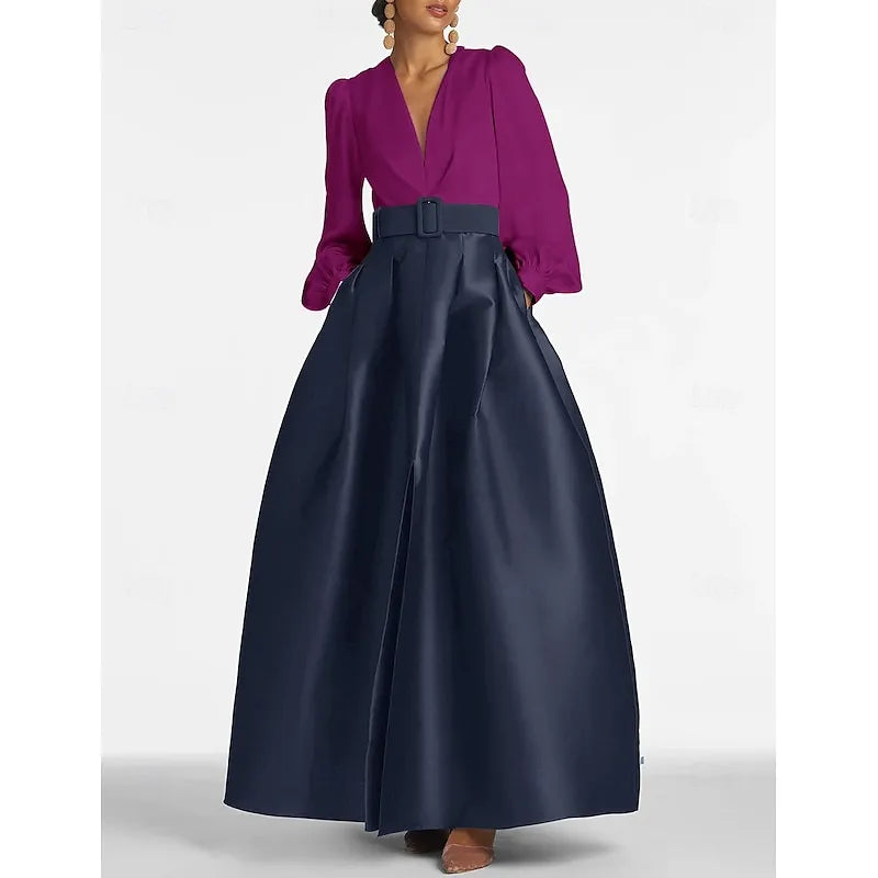 Elegant A-line V-neck Long-sleeved Two-tone White Emerald Green Maxi Evening Dress for Women Ready to Ship