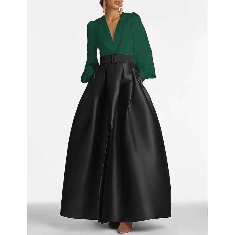 Elegant A-line V-neck Long-sleeved Two-tone White Emerald Green Maxi Evening Dress for Women Ready to Ship