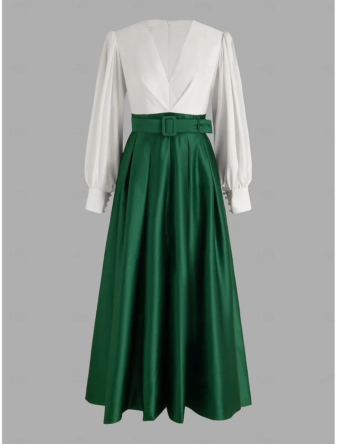 Elegant A-line V-neck Long-sleeved Two-tone White Emerald Green Maxi Evening Dress for Women Ready to Ship