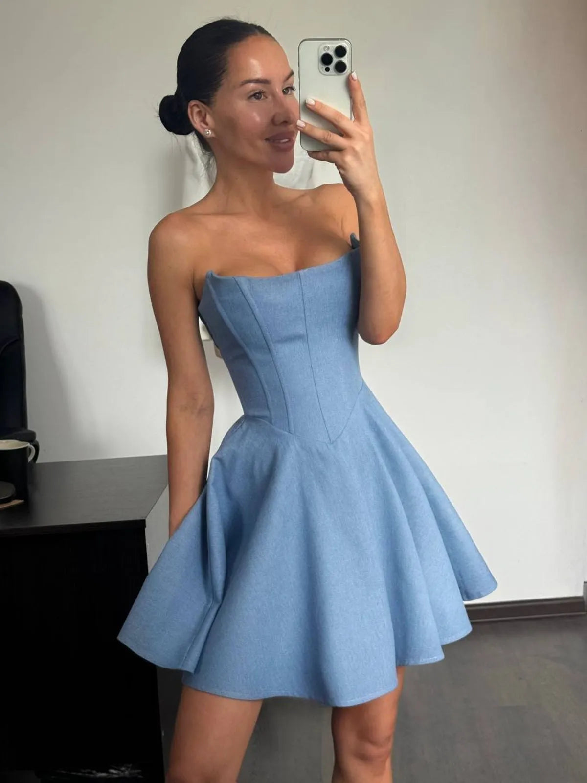 Elegant A Line Strapless Blue Satin Short Homecoming Dress 21th Birthday Outfits