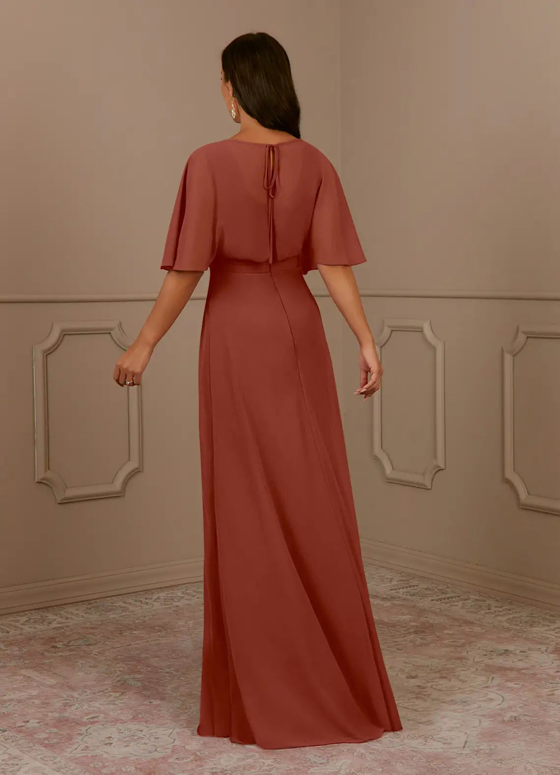 Elegant Auburn A-Line V-Neck Pleated Chiffon Mother of the Bride Dress with V - Neck and Flutter Cape Sleeves