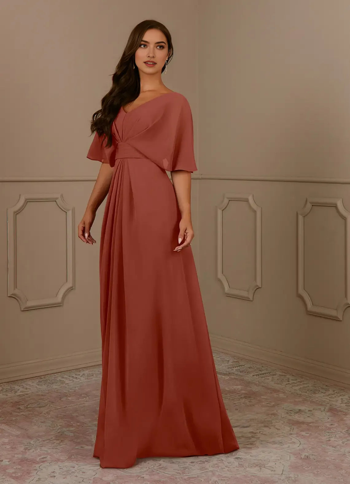 Elegant Auburn A-Line V-Neck Pleated Chiffon Mother of the Bride Dress with V - Neck and Flutter Cape Sleeves
