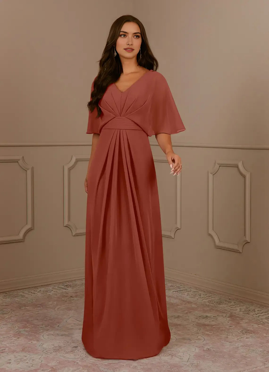 Elegant Auburn A-Line V-Neck Pleated Chiffon Mother of the Bride Dress with V - Neck and Flutter Cape Sleeves