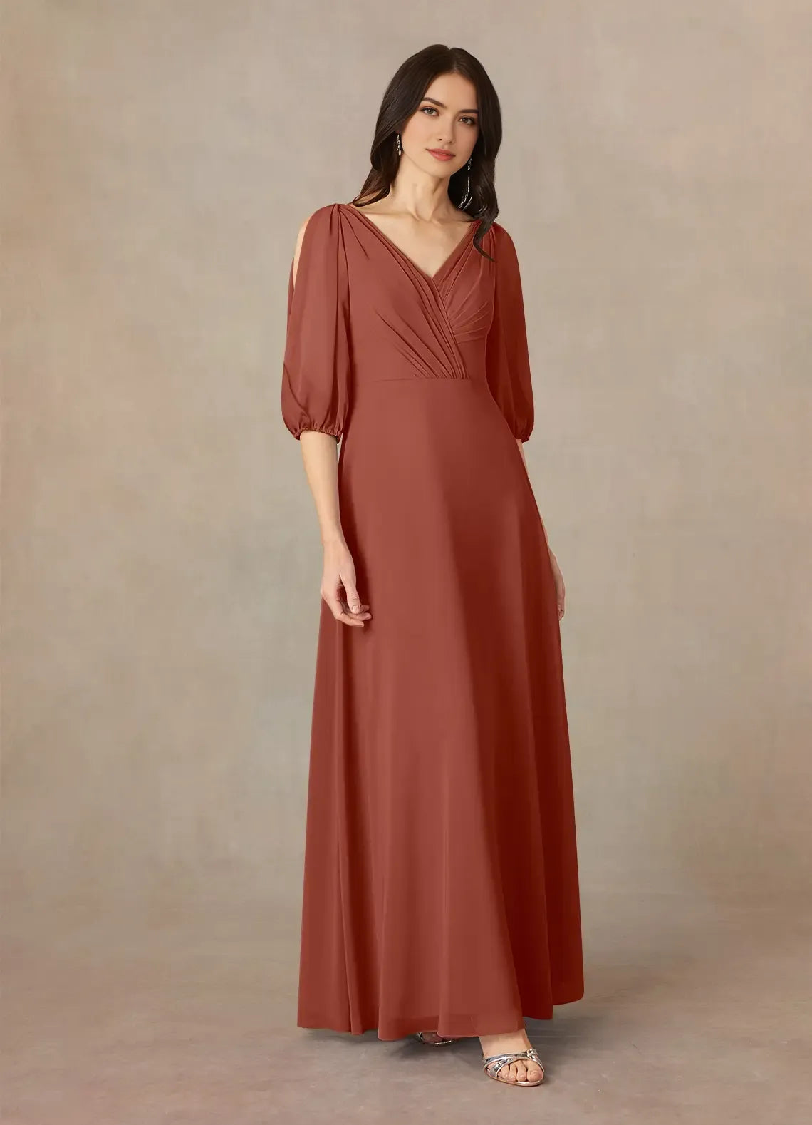 Elegant Auburn A-Line V-Neck Ruched Chiffon Mother of the Bride Dress Surplice V - Neck Sheer Chiffon 3/4 Sleeves with Cut Out Detailing Ruched Bodice Flowy Floor Length Skirt