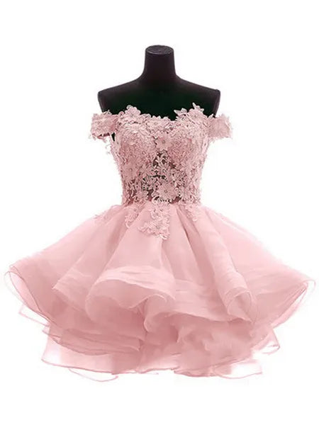 Elegant Ball-Gown Off-Shoulder Lace Applique White Mini Homecoming Dress