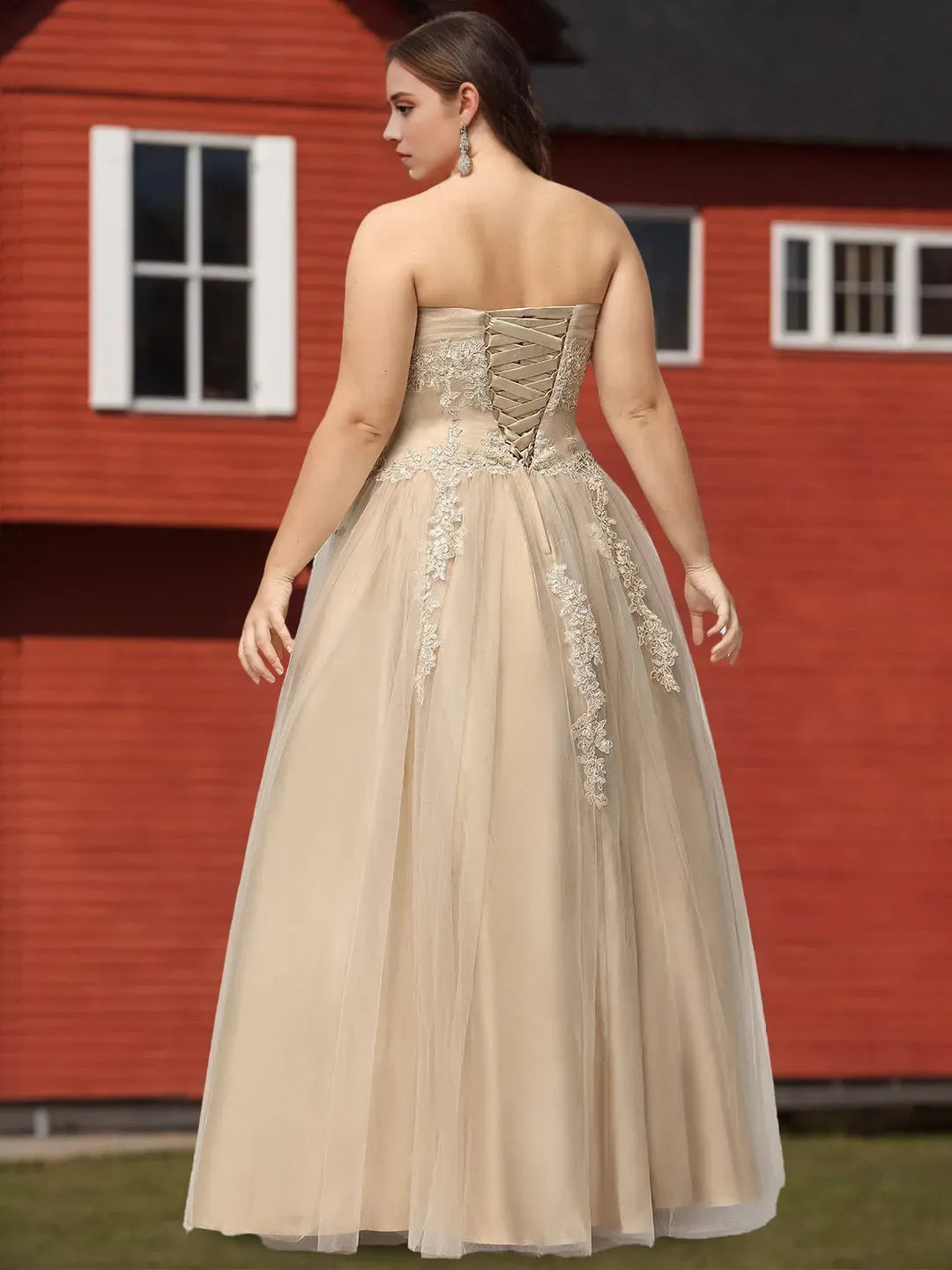 Elegant Ball-Gown Sweetheart Neckline Sleeveless Corset Back Tulle Plus-Size Floor-Length  Prom Dresses with Appliques Lace Beads