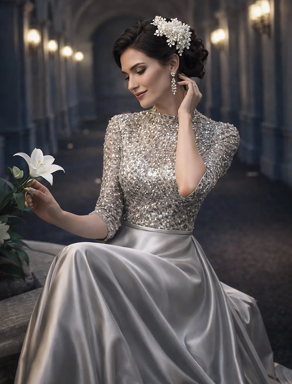 Elegant A-line High Neck Half Sleeve Sequined Silver Maxi Prom Dress for Women Custom