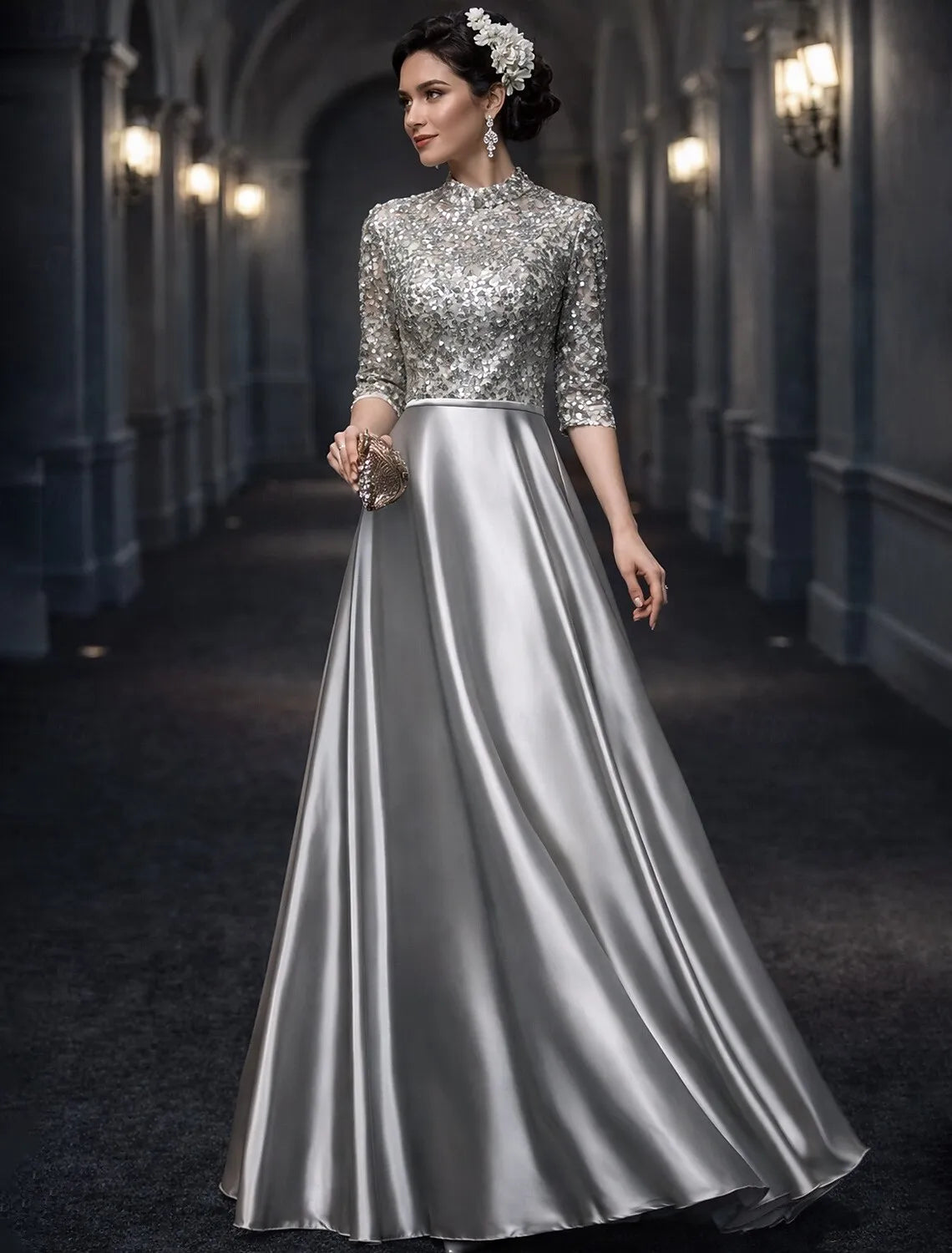 Elegant A-line High Neck Half Sleeve Sequined Silver Maxi Prom Dress for Women Custom