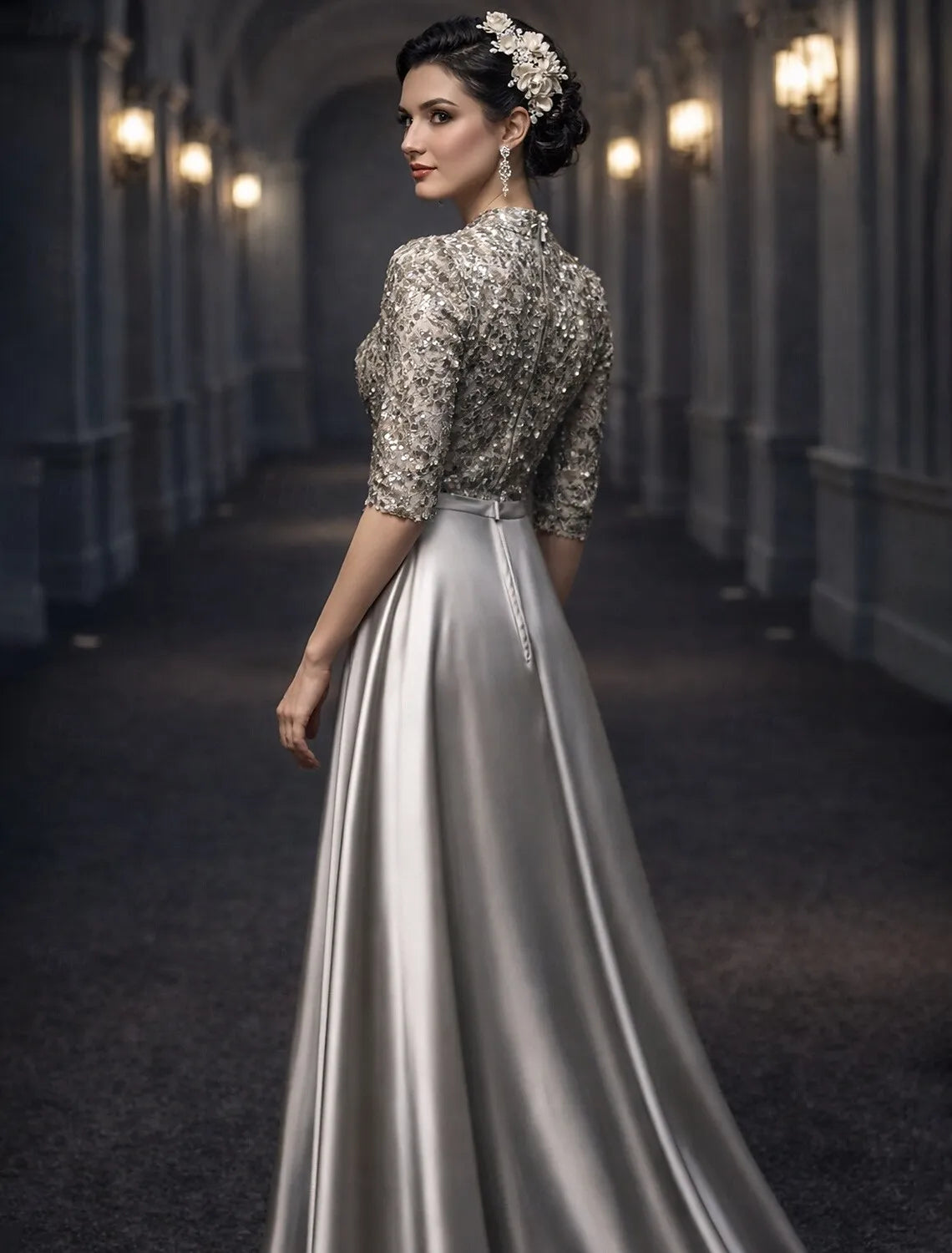 Elegant A-line High Neck Half Sleeve Sequined Silver Maxi Prom Dress for Women Custom