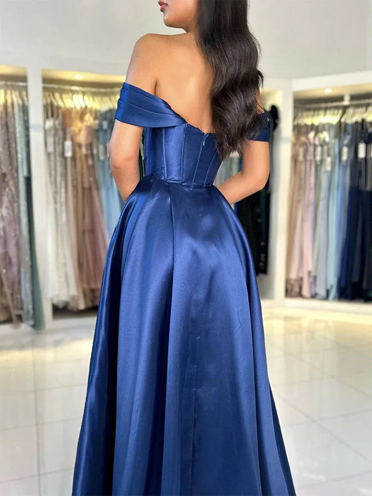 Elegant Ball Gown Off Shoulder Corset Satin Blue Floor Length Prom Dresses