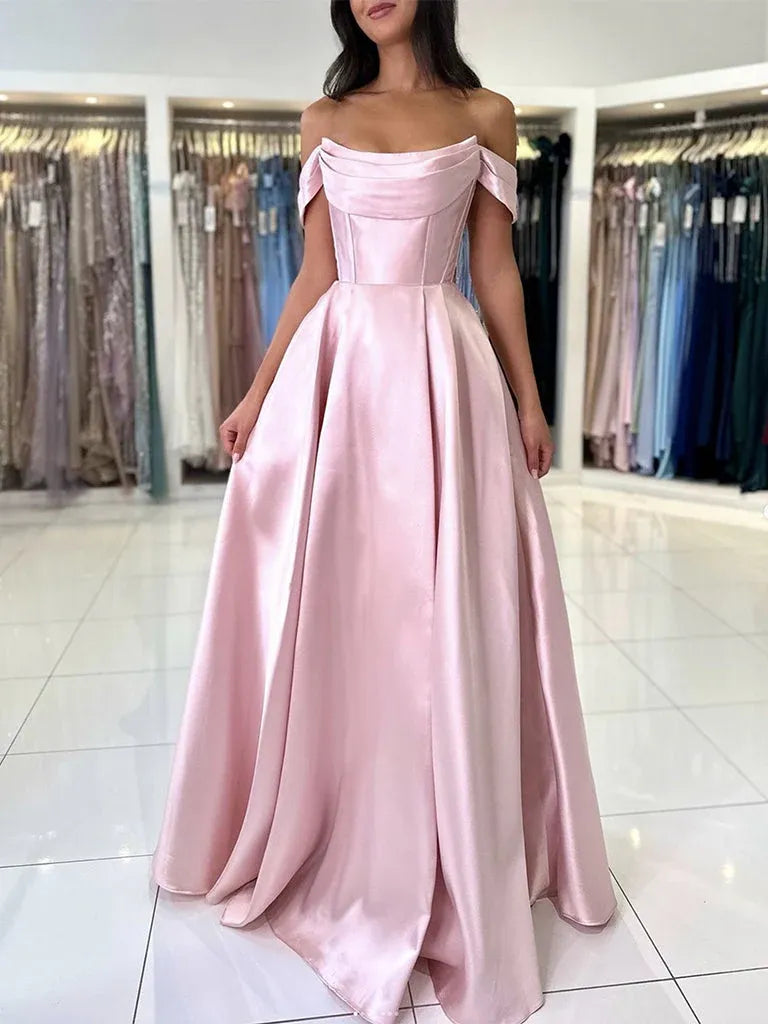 Elegant Ball Gown Off Shoulder Corset Satin Blue Floor Length Prom Dresses