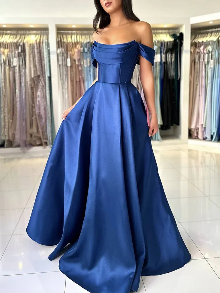Elegant Ball Gown Off Shoulder Corset Satin Blue Floor Length Prom Dresses