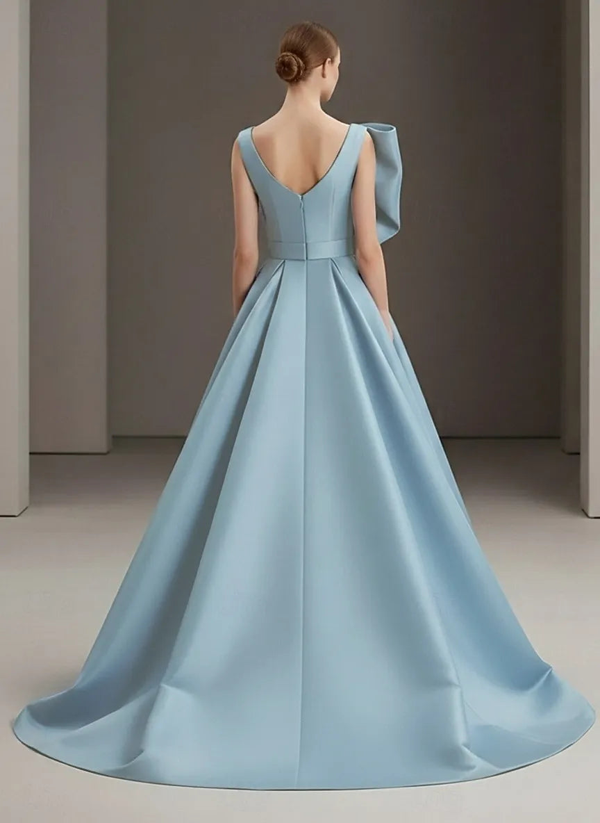 Elegant Ball Gown One Shoulder Pleated Ruffle Sky Blue Train Prom Dress