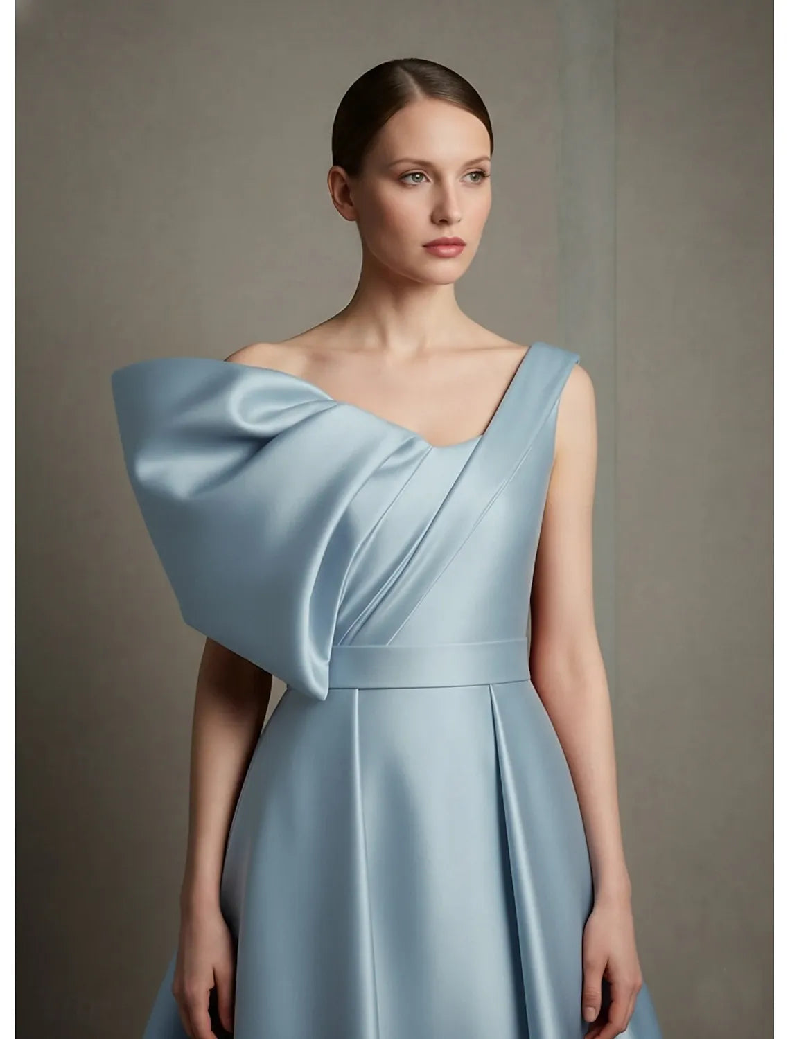 Elegant Ball Gown One Shoulder Pleated Ruffle Sky Blue Train Prom Dress