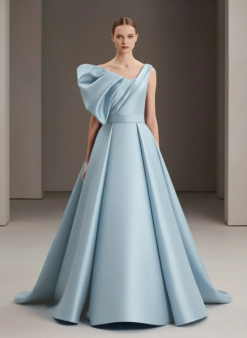 Elegant Ball Gown One Shoulder Pleated Ruffle Sky Blue Train Prom Dress