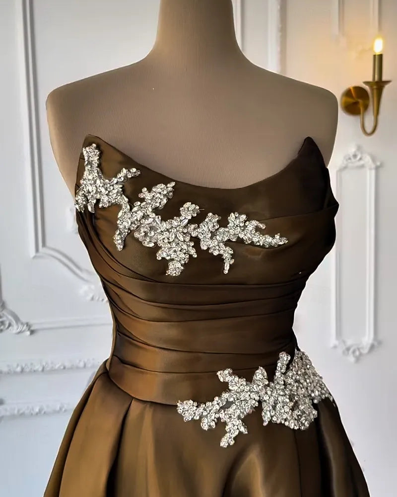 Elegant Ball Gown Strapless Ruched Rhinestones Chocolate Floor Length Prom Dress
