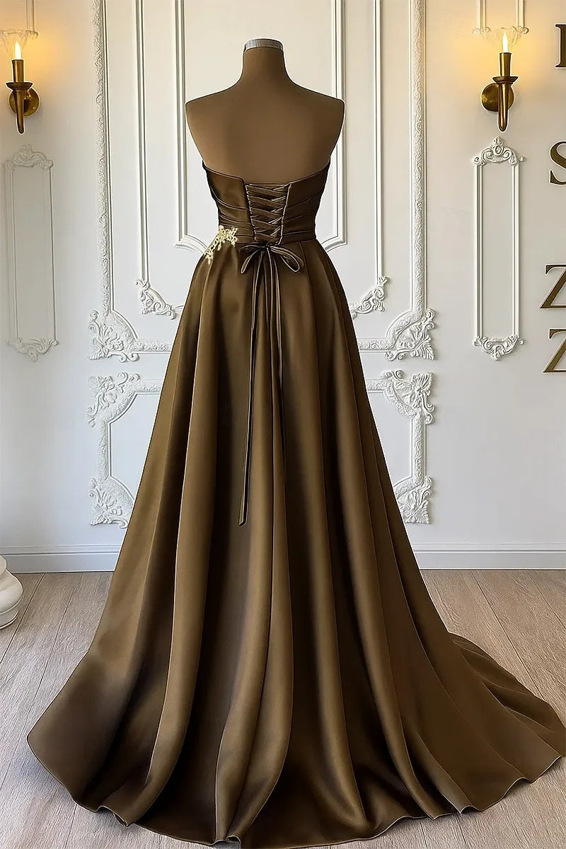 Elegant Ball Gown Strapless Ruched Rhinestones Chocolate Floor Length Prom Dress