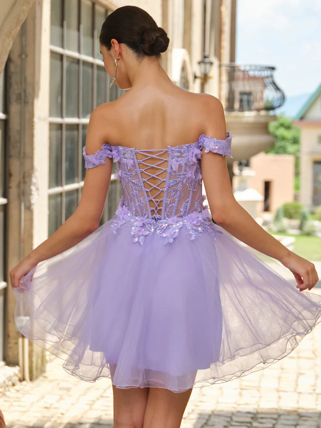 Elegant Ballgown Off-the-Shoulder Flower-Sleeve Lace-Up Back Short-Mini Homecoming Dresses