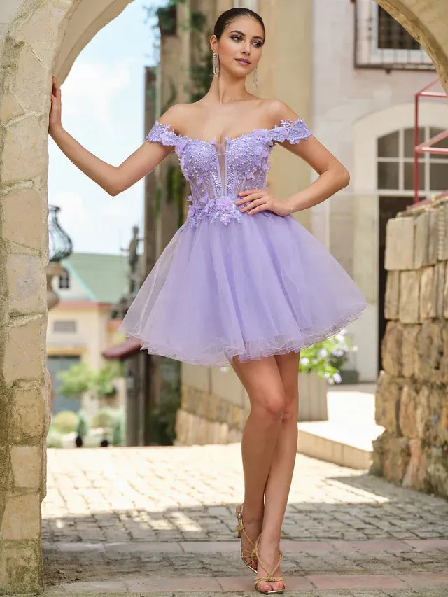Elegant Ballgown Off-the-Shoulder Flower-Sleeve Lace-Up Back Short-Mini Homecoming Dresses