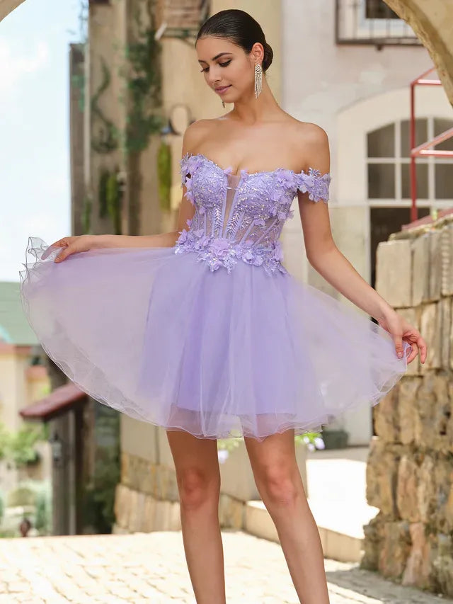 Elegant Ballgown Off-the-Shoulder Flower-Sleeve Lace-Up Back Short-Mini Homecoming Dresses