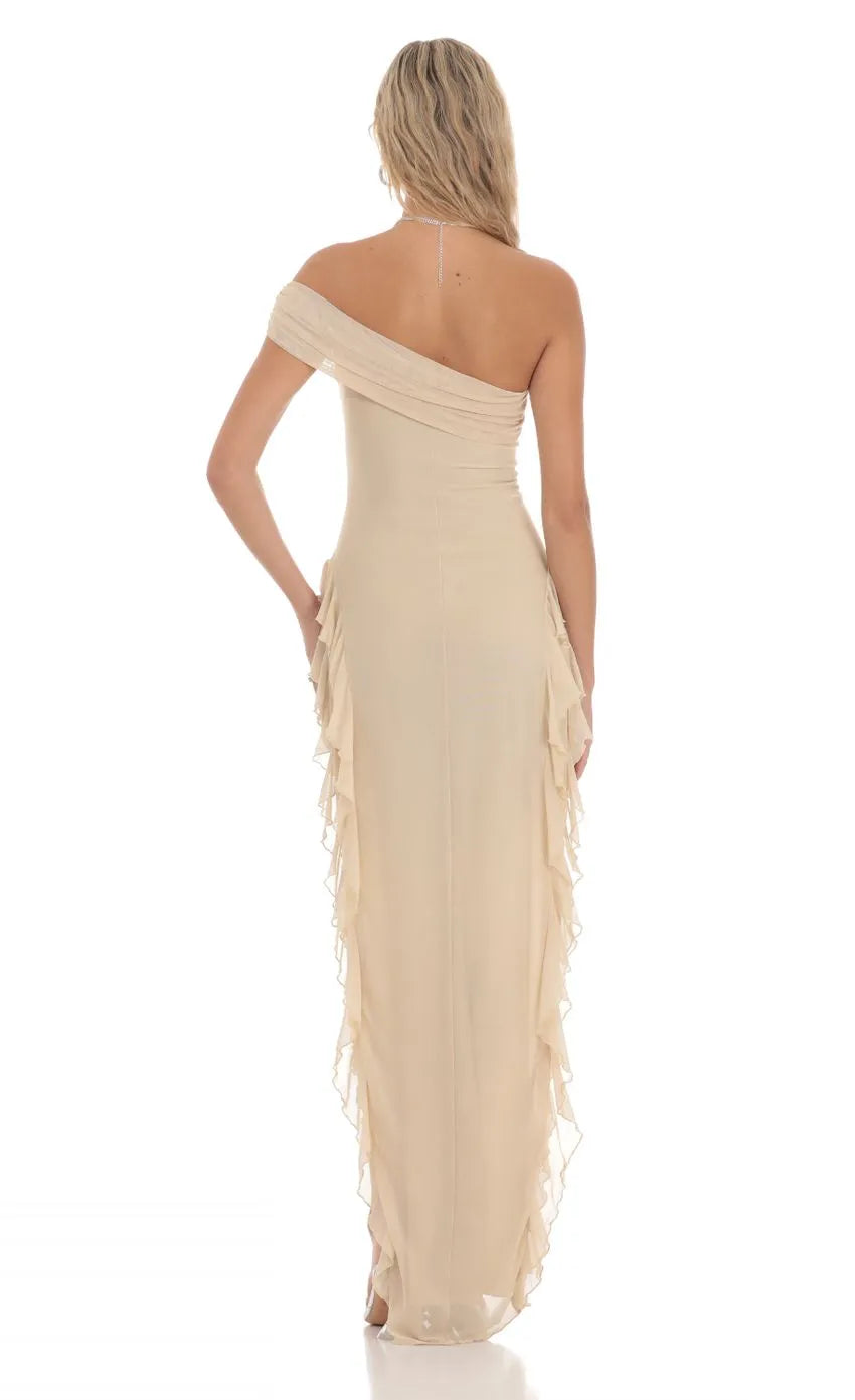 Elegant Beige Off  Shoulder Prom Dress Ruffled Slit Skirt  Draped Neckline Shine at Prom Night