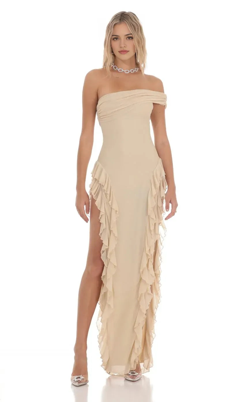 Elegant Beige Off  Shoulder Prom Dress Ruffled Slit Skirt  Draped Neckline Shine at Prom Night
