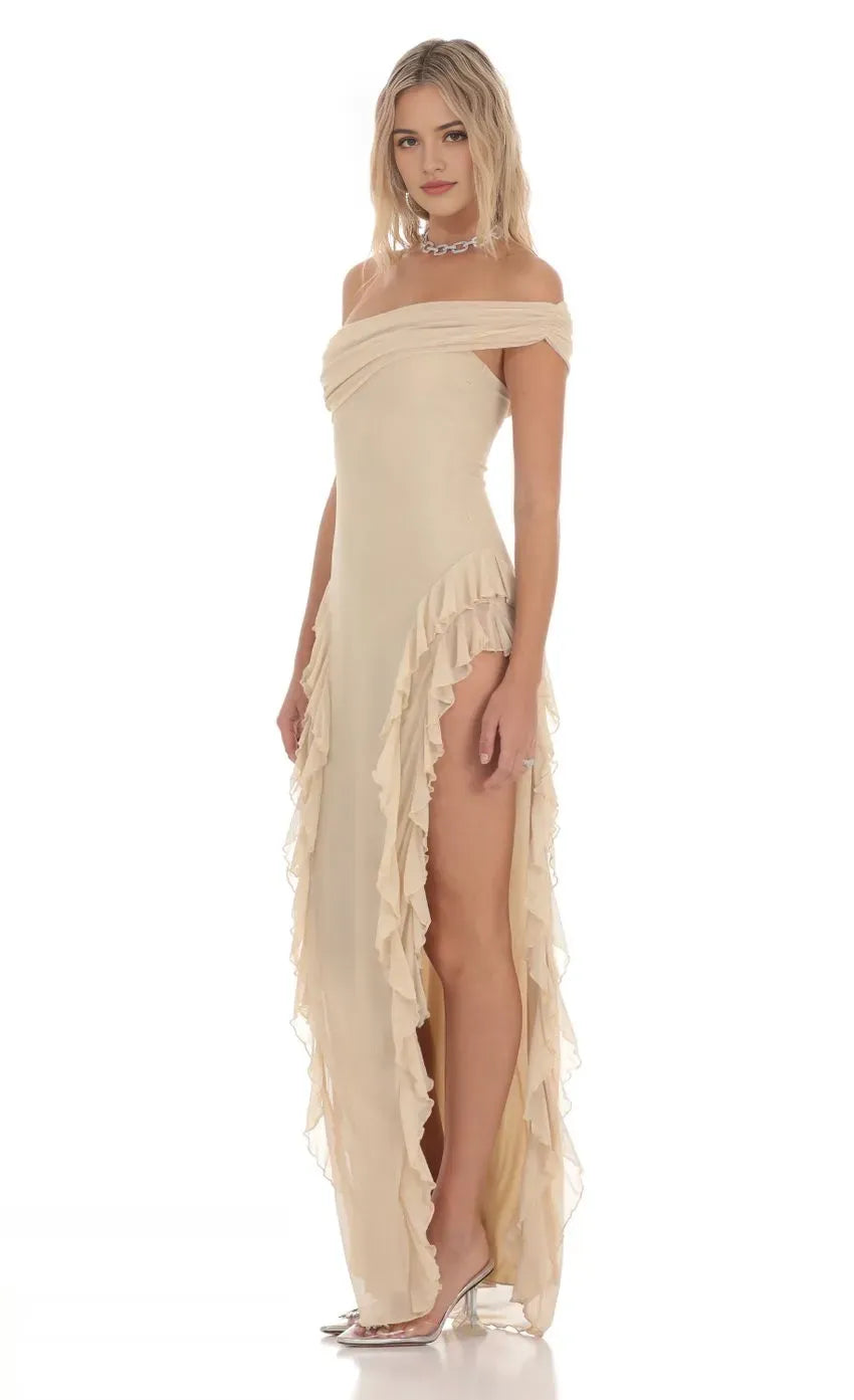 Elegant Beige Off  Shoulder Prom Dress Ruffled Slit Skirt  Draped Neckline Shine at Prom Night