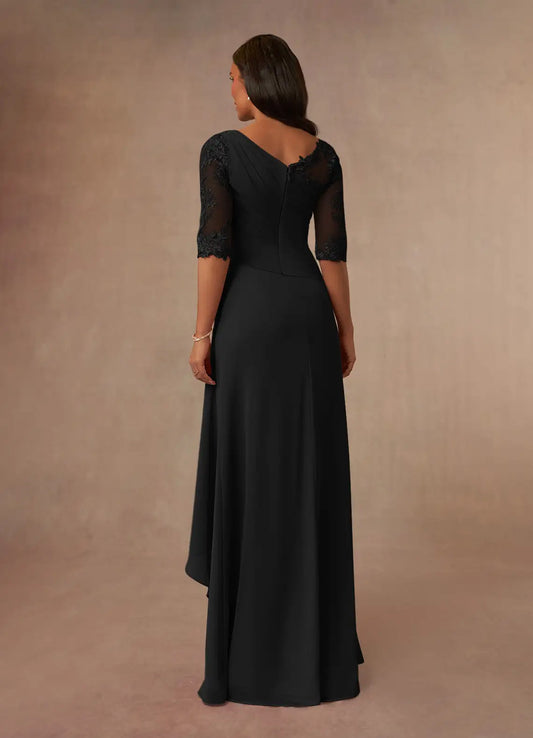 Elegant Black A-Line Boatneck Lace Chiffon Mother of the Bride Dress with Sheer Sleeves Asymmetric Draping, and Ruffled Side Detail