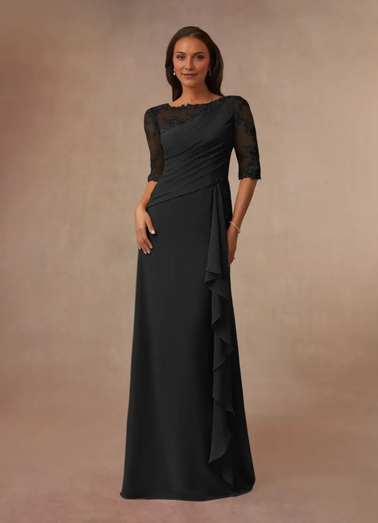Elegant Black A-Line Boatneck Lace Chiffon Mother of the Bride Dress with Sheer Sleeves Asymmetric Draping, and Ruffled Side Detail