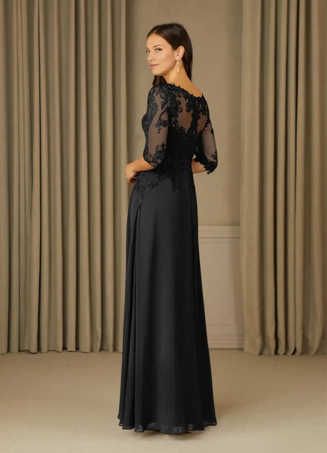 Elegant Black A-Line Lace Chiffon Mother of the Bride Dress with Illusion Mesh Neckline Embroidered  Appliqués 3/4 Sleeves and Flowy Maxi Skirt