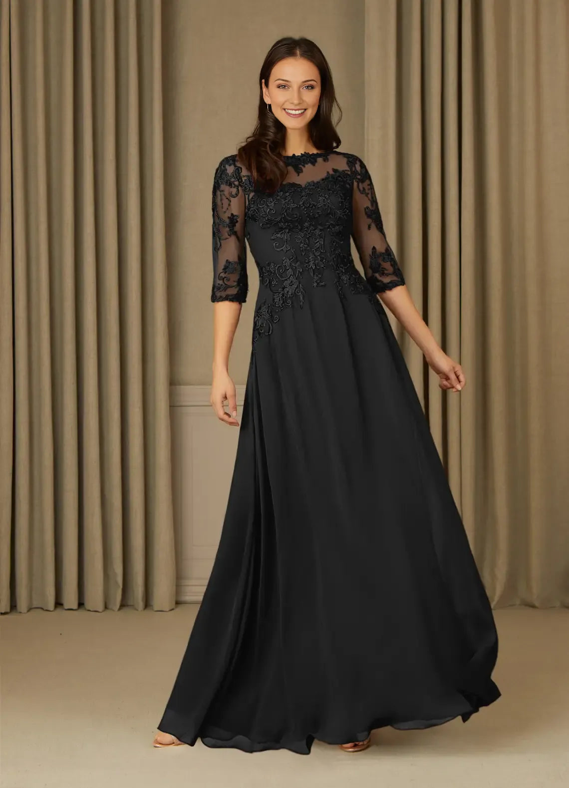 Elegant Black A-Line Lace Chiffon Mother of the Bride Dress with Illusion Mesh Neckline Embroidered  Appliqués 3/4 Sleeves and Flowy Maxi Skirt