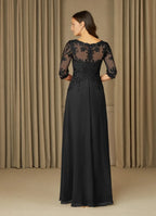 Elegant Black A-Line Lace Chiffon Mother of the Bride Dress with Illusion Mesh Neckline Embroidered  Appliqués 3/4 Sleeves and Flowy Maxi Skirt