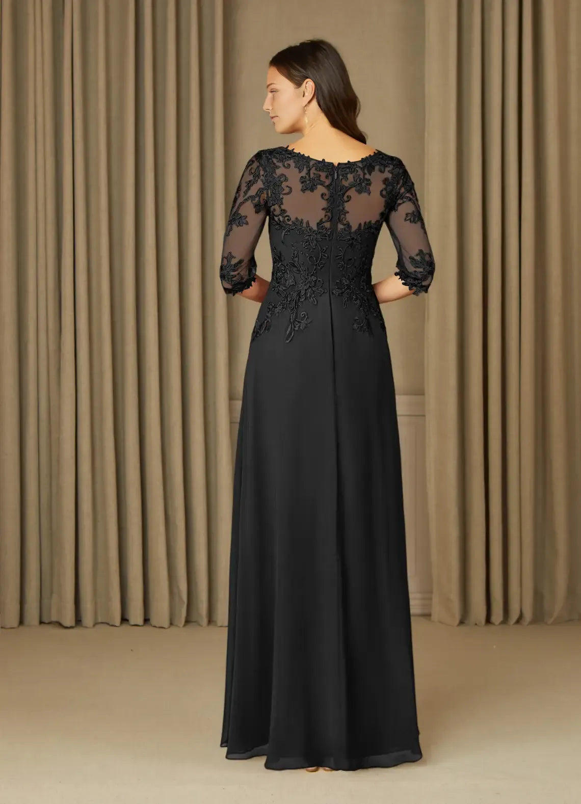Elegant Black A-Line Lace Chiffon Mother of the Bride Dress with Illusion Mesh Neckline Embroidered  Appliqués 3/4 Sleeves and Flowy Maxi Skirt