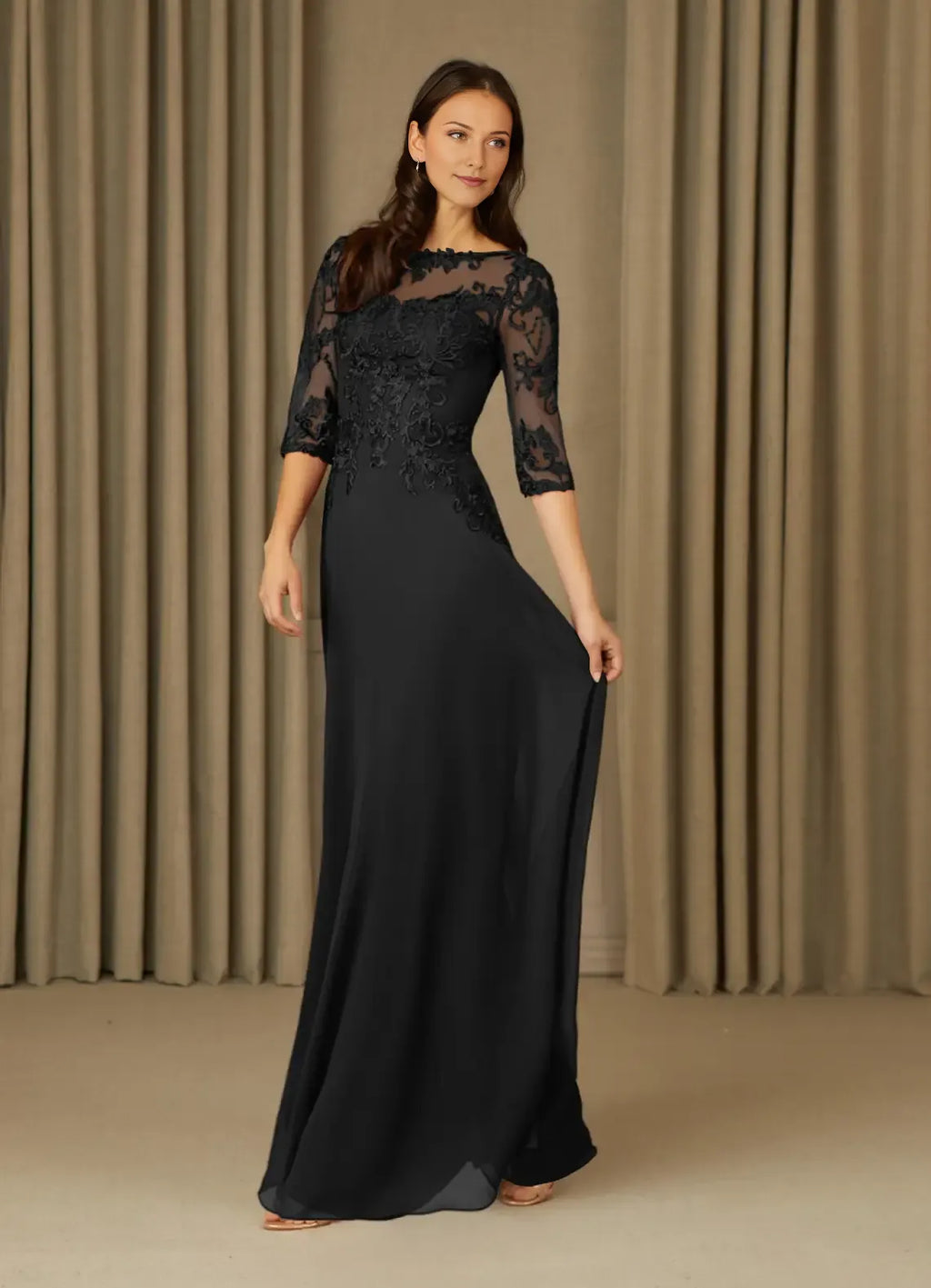 Elegant Black A-Line Lace Chiffon Mother of the Bride Dress with Illusion Mesh Neckline Embroidered  Appliqués 3/4 Sleeves and Flowy Maxi Skirt