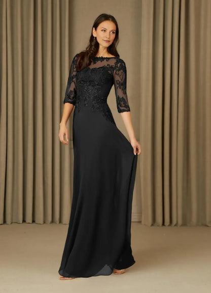 Elegant Black A-Line Lace Chiffon Mother of the Bride Dress with Illusion Mesh Neckline Embroidered  Appliqués 3/4 Sleeves and Flowy Maxi Skirt