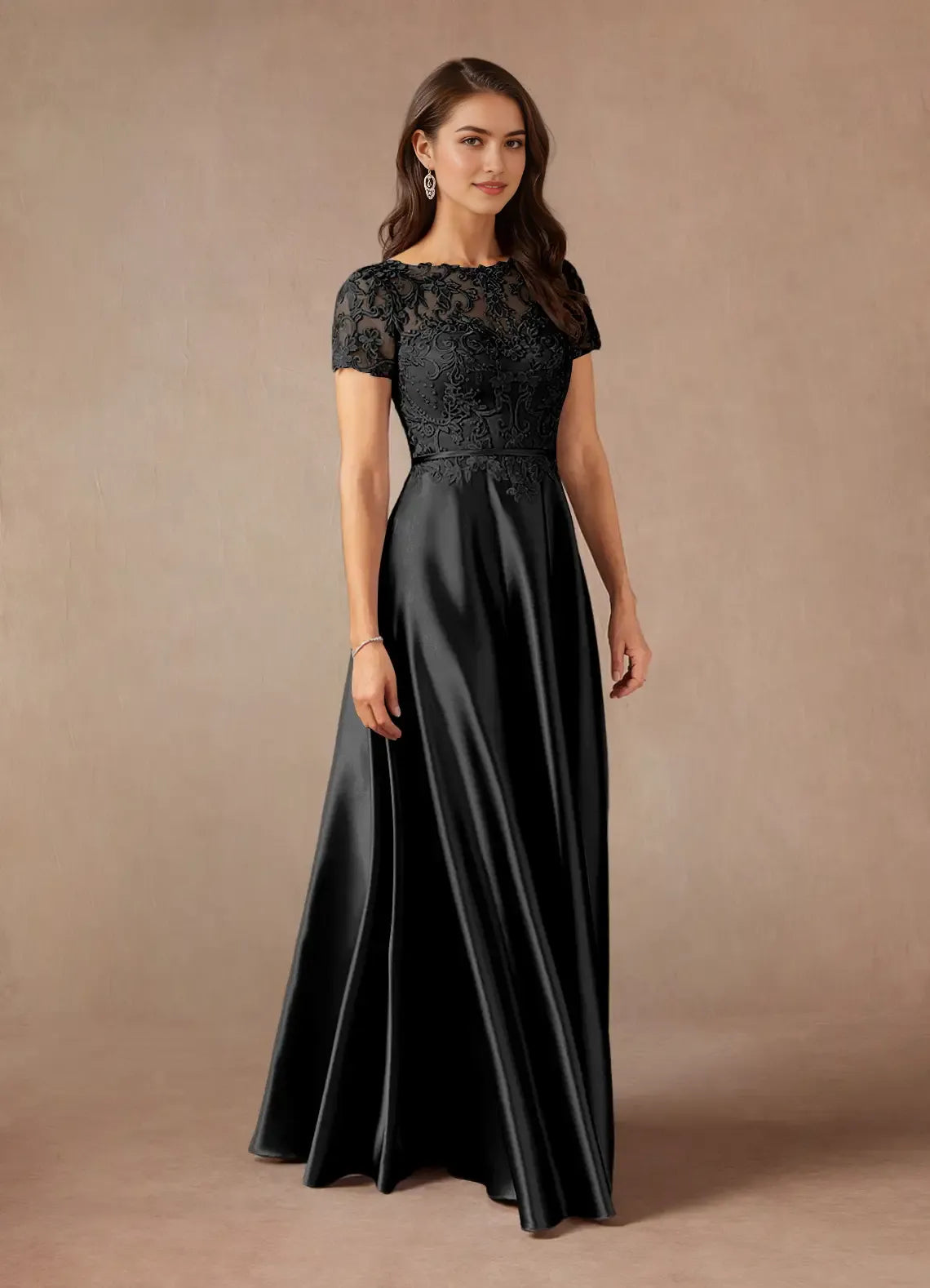 Elegant Black A-Line Lace Metallic Satin  short sleeves Mother of the Bride Dresses Bodice Hot Sale