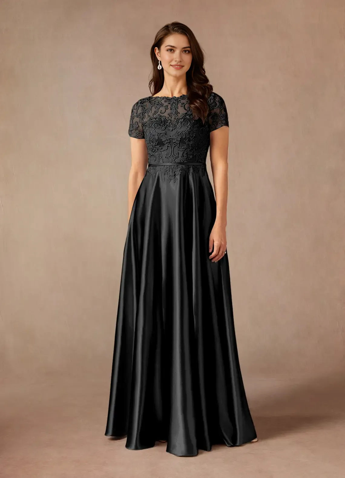 Elegant Black A-Line Lace Metallic Satin  short sleeves Mother of the Bride Dresses Bodice Hot Sale
