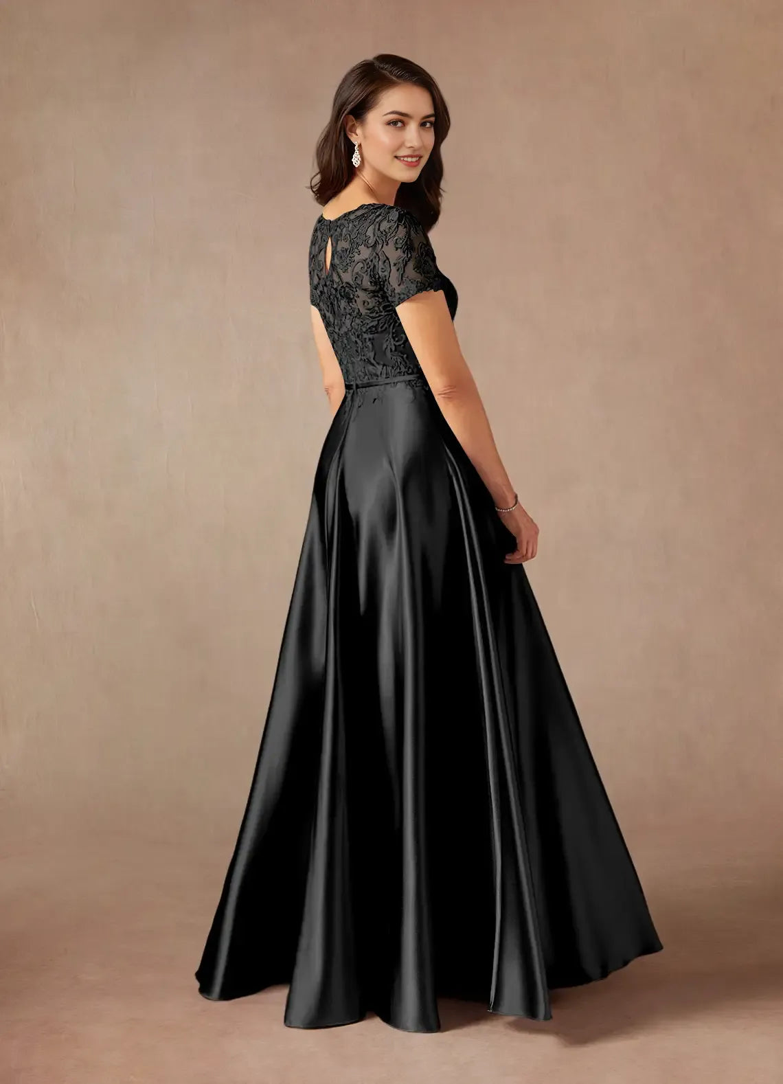Elegant Black A-Line Lace Metallic Satin  short sleeves Mother of the Bride Dresses Bodice Hot Sale