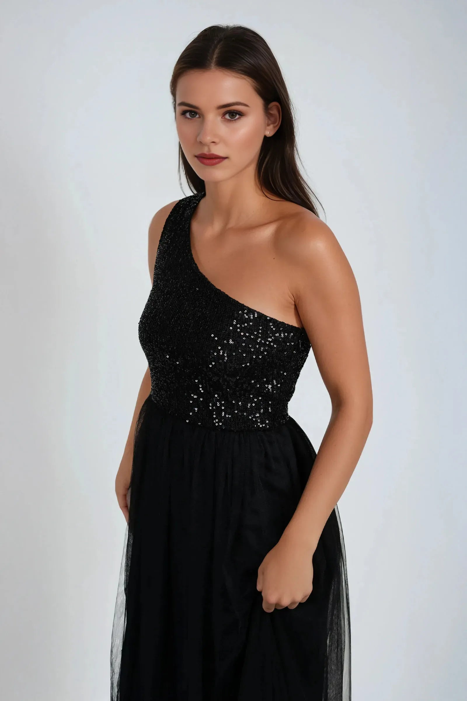 Elegant Black A-Line One-Shoulder Sleeveless Sequin-Embellished Tulle Side Invisible Zipper Floor-Length Prom Dresses