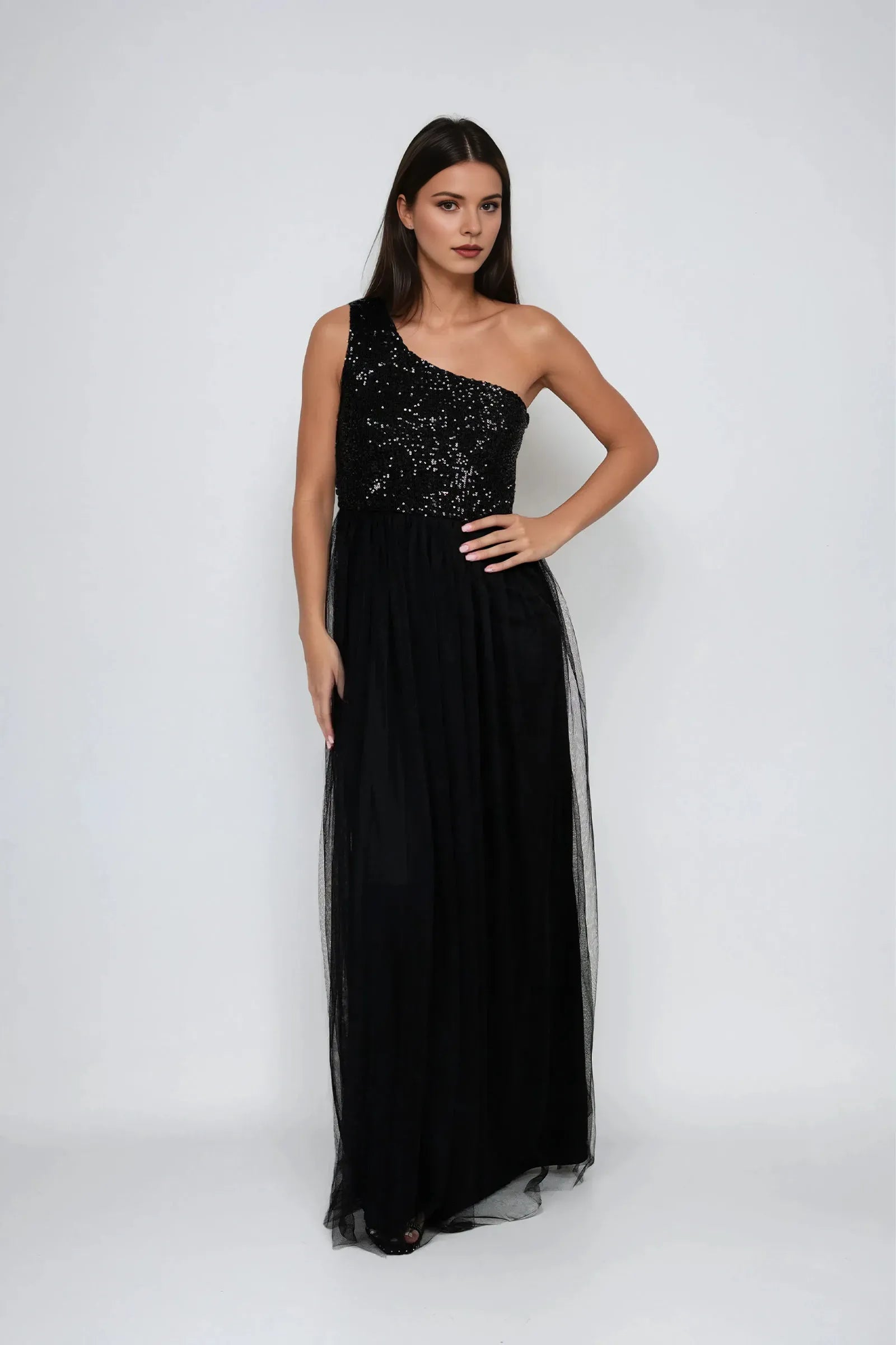 Elegant Black A-Line One-Shoulder Sleeveless Sequin-Embellished Tulle Side Invisible Zipper Floor-Length Prom Dresses