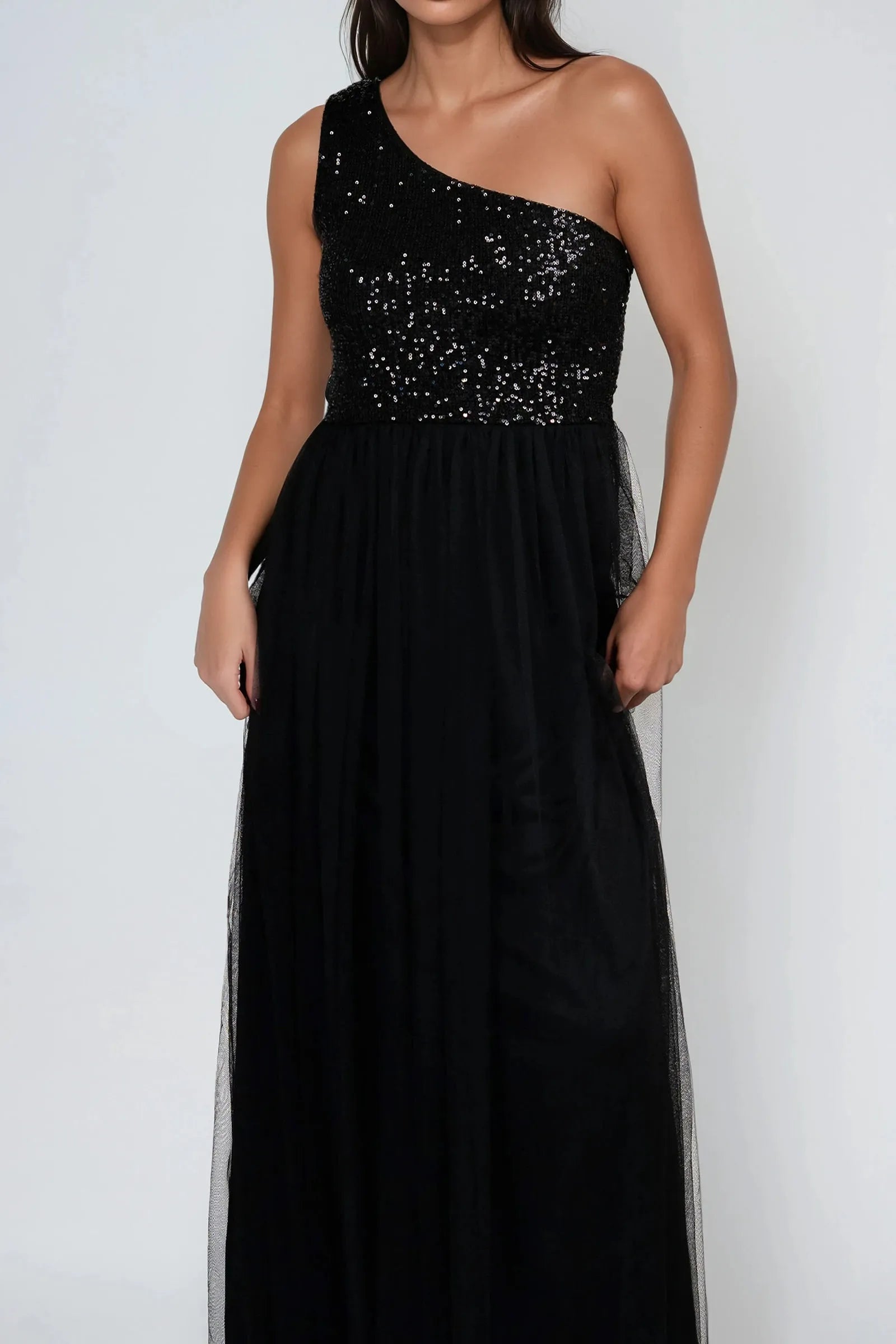 Elegant Black A-Line One-Shoulder Sleeveless Sequin-Embellished Tulle Side Invisible Zipper Floor-Length Prom Dresses