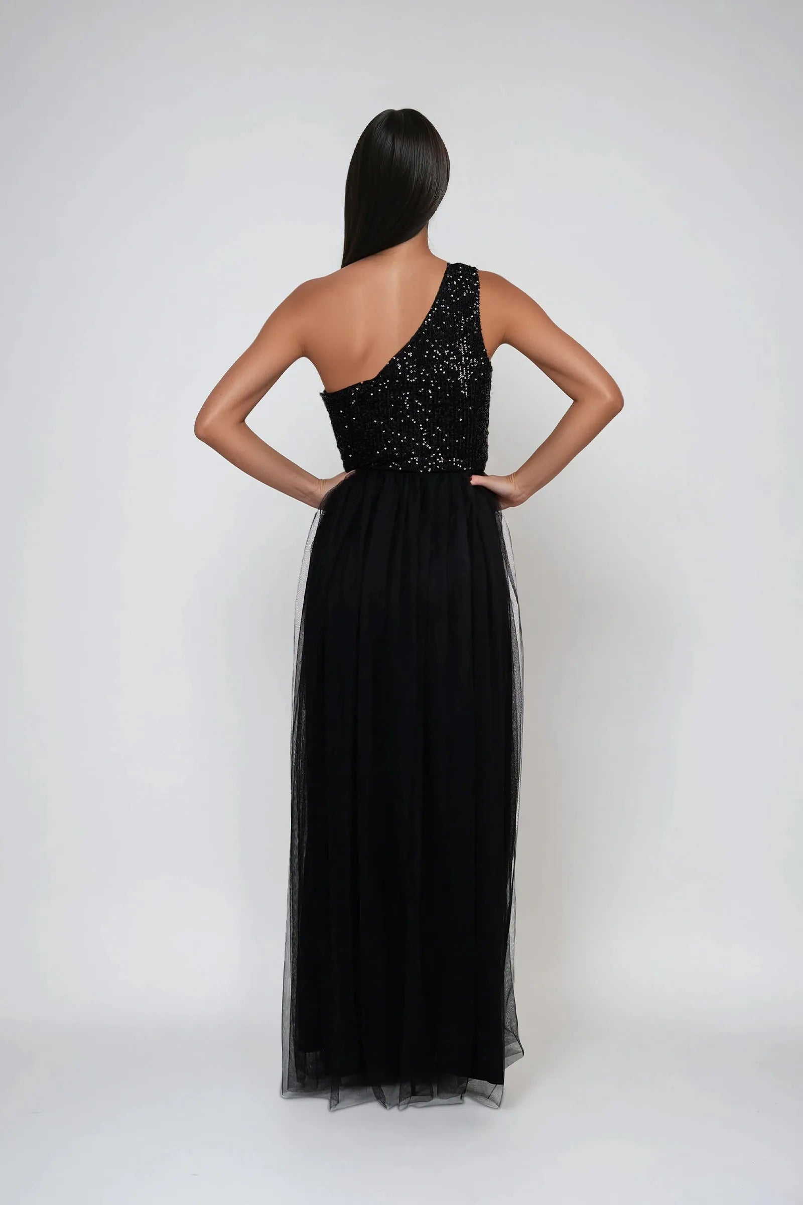 Elegant Black A-Line One-Shoulder Sleeveless Sequin-Embellished Tulle Side Invisible Zipper Floor-Length Prom Dresses