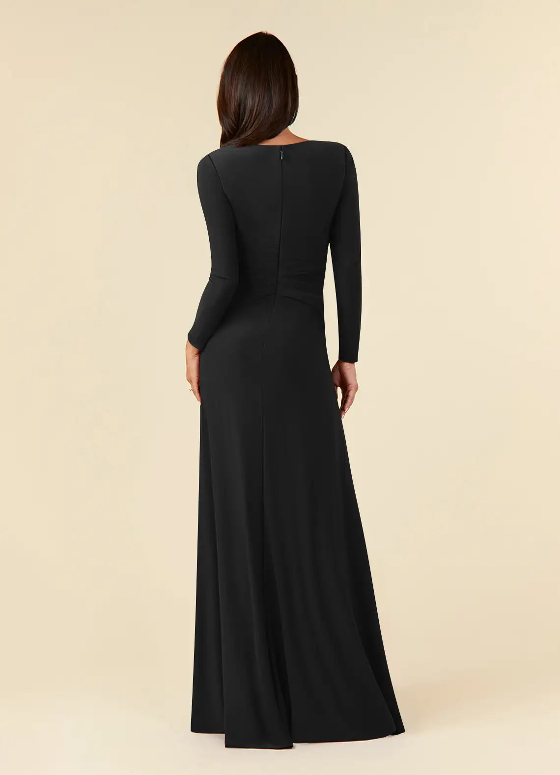 Elegant Black A-Line Pleated Luxe Mother of the Bride Dress with Long Sleeves Keyhole Neckline and Ruched Twist Waist Detailing