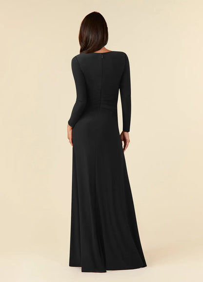 Elegant Black A-Line Pleated Luxe Mother of the Bride Dress with Long Sleeves Keyhole Neckline and Ruched Twist Waist Detailing