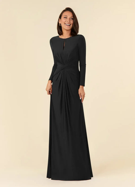 Elegant Black A-Line Pleated Luxe Mother of the Bride Dress with Long Sleeves Keyhole Neckline and Ruched Twist Waist Detailing