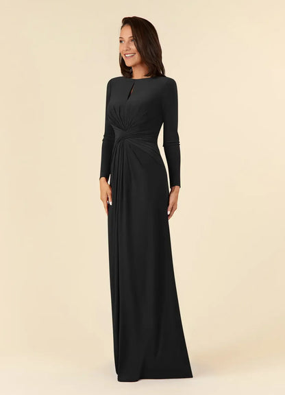 Elegant Black A-Line Pleated Luxe Mother of the Bride Dress with Long Sleeves Keyhole Neckline and Ruched Twist Waist Detailing