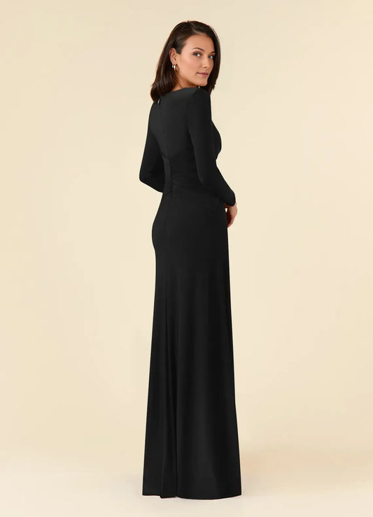 Elegant Black A-Line Pleated Luxe Mother of the Bride Dress with Long Sleeves Keyhole Neckline and Ruched Twist Waist Detailing