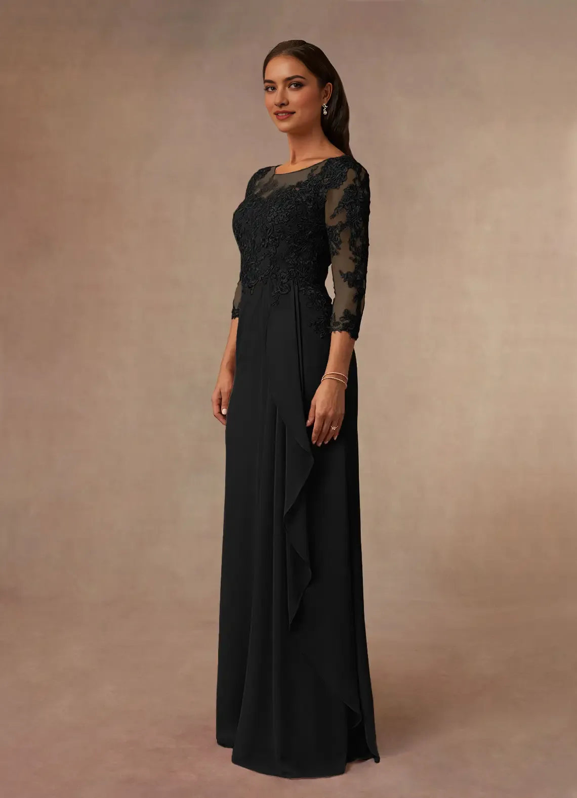 Elegant Black A-Line Scoop Chiffon Mother of the Bride Dress Illusion Neckline Lace Embroidered Bodice Sheer 3/4 Sleeves  Asymmetric Ruffled Skirt