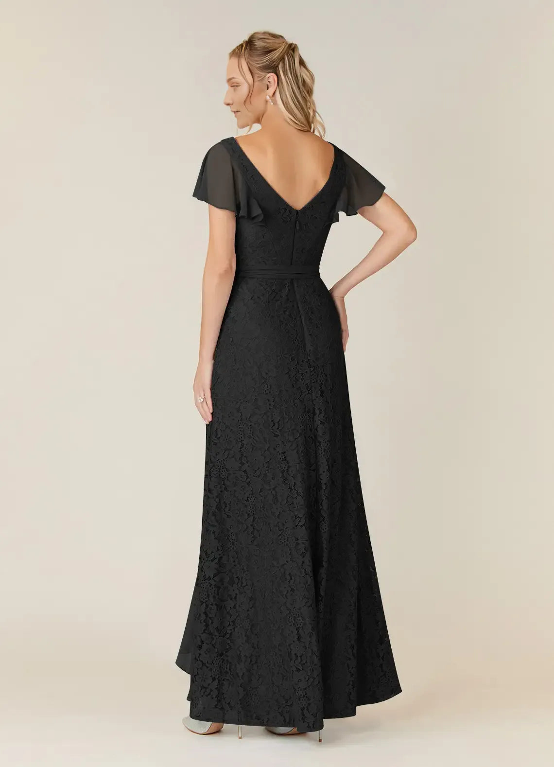 Elegant Black A-Line V-Neck Chiffon Lace Mother of the Bride Dress with Flutter Sleeves line Waist Tie and Asymmetric Ruffled Hem for Formal Occasions