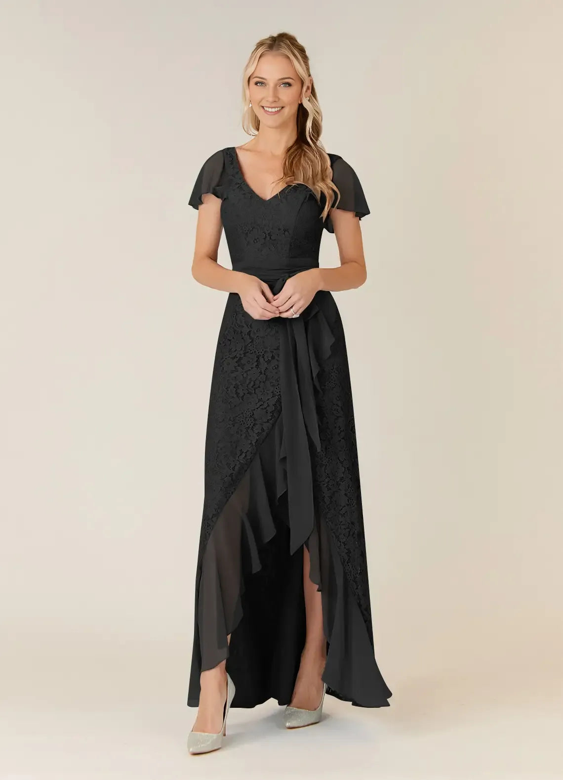 Elegant Black A-Line V-Neck Chiffon Lace Mother of the Bride Dress with Flutter Sleeves line Waist Tie and Asymmetric Ruffled Hem for Formal Occasions